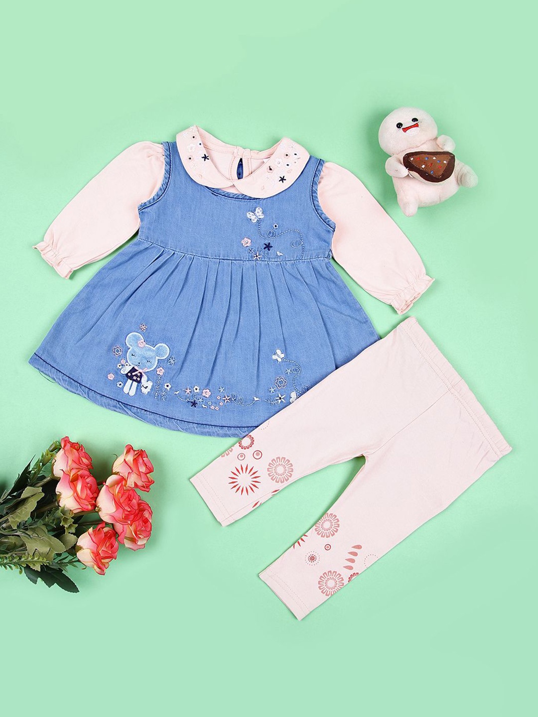 

V-Mart Kids Embroidered Peter Pan Collar Neck Long Sleeves Pure Cotton Top With Leggings, Peach