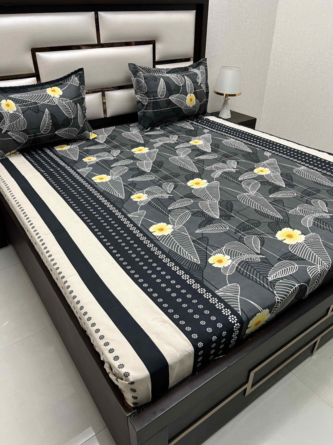 

Pure Decor Black & Black Floral Microfiber 300 TC Queen Bedsheet Set 2.28 m x 2.54 m