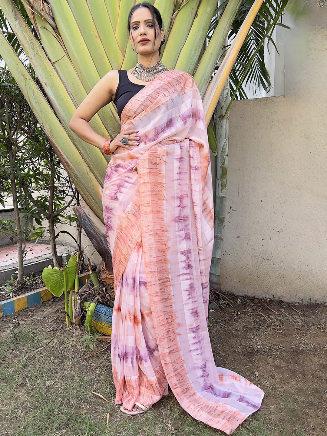 

V3 FASHION STUDIO Tie and Dye Pure Chiffon Ready to Wear Saree, Peach