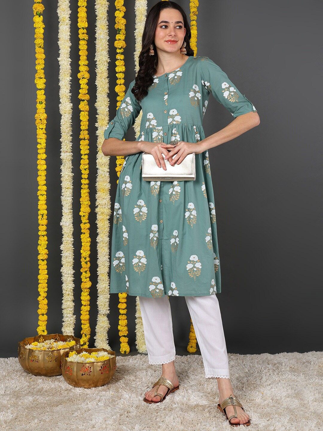

KALINI Ethnic Motifs Printed Cotton A-Line Kurta, Sea green
