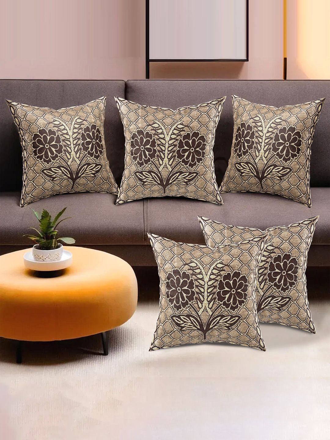 

Kuber Industries Gold-Toned & Brown 5 Pieces Floral Printed Square Cushion Covers