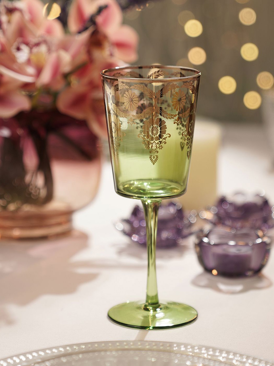 

Pure Home and Living Green & Gold Toned 2 Pieces Printed Wine Glasses 200ml