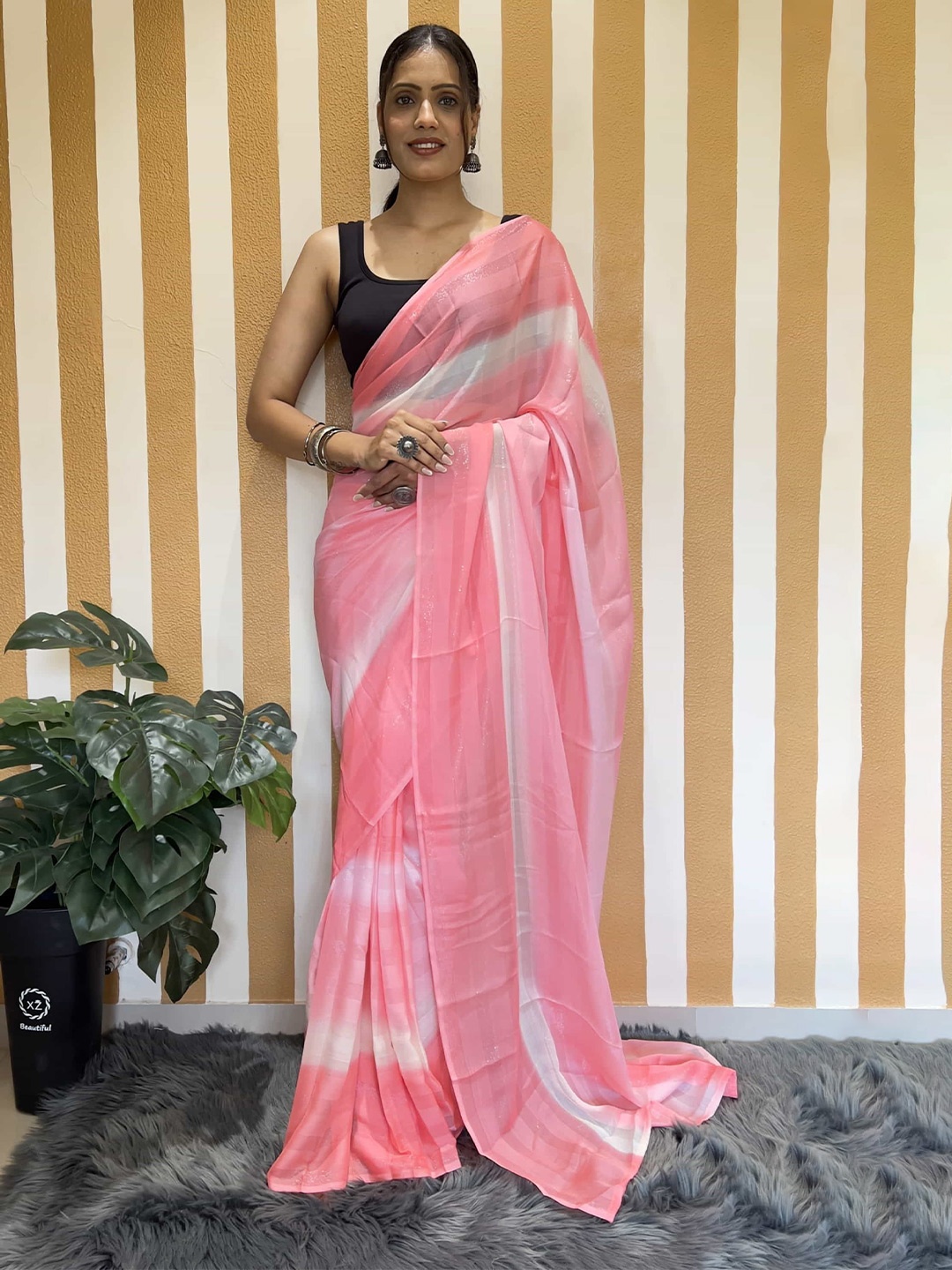 

V3 FASHION STUDIO Striped Pure Chiffon Saree, Pink