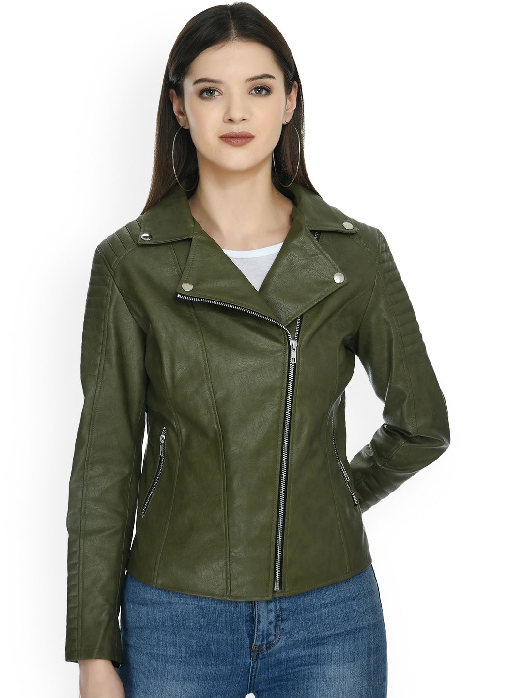 

TBOJ Women Lapel Collar Solid Casual Leather Jacket, Olive