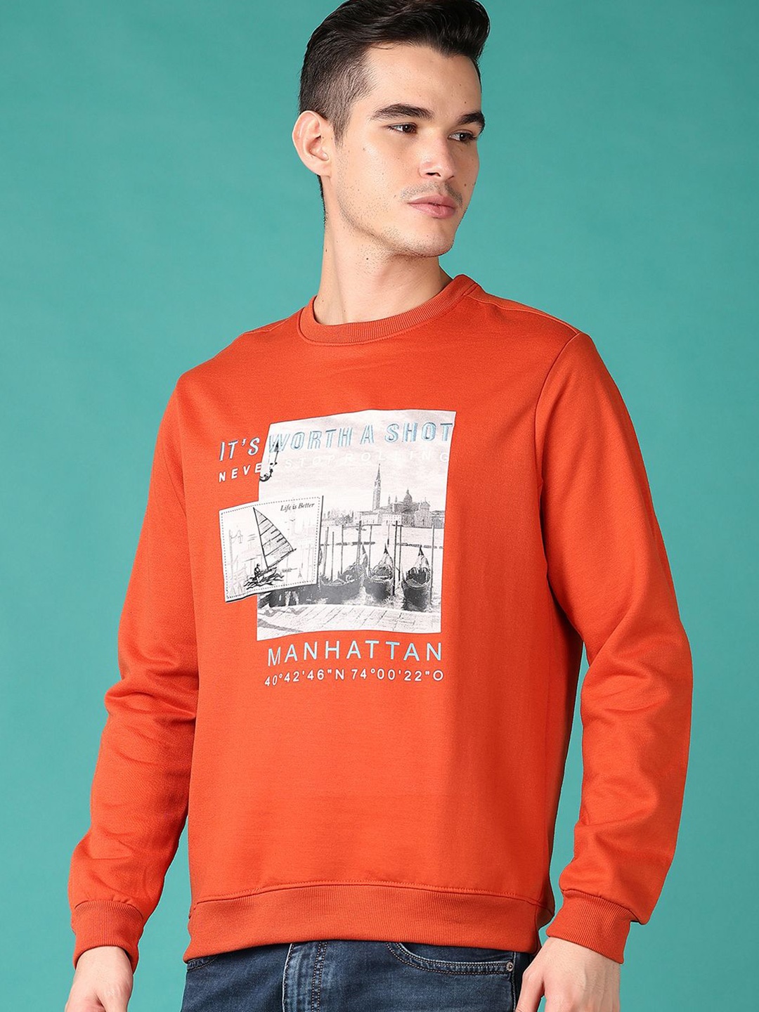 

V-Mart Men Graphic Printed Round Neck Sweatshirt, Orange