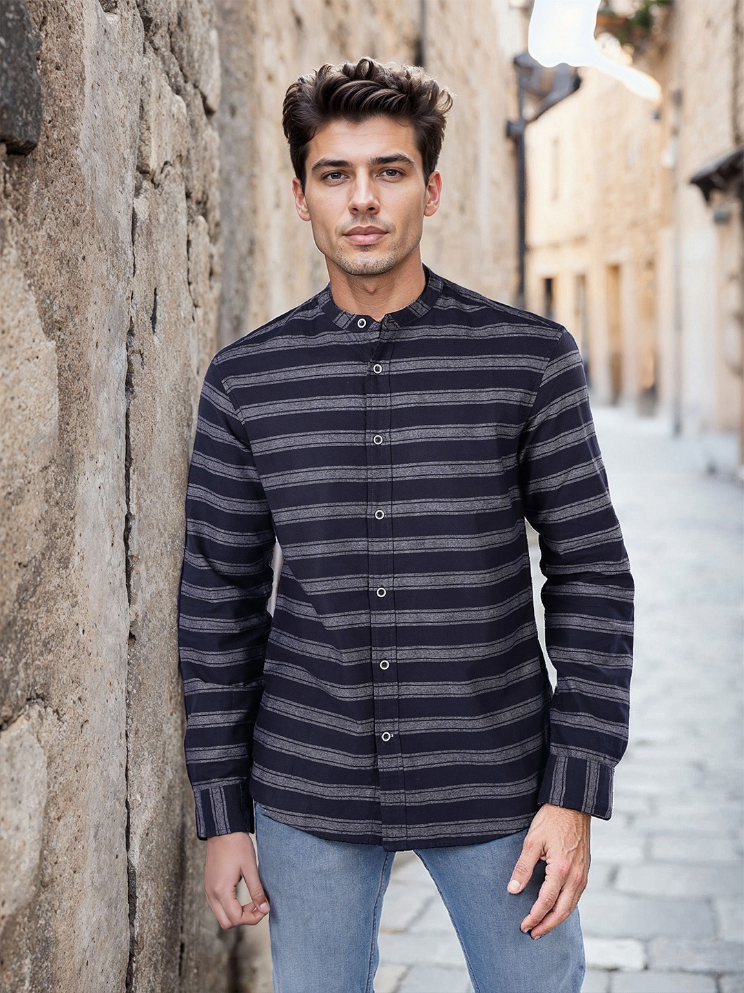 

Celio Men Classic Band Collar Horizontal Striped Cotton Casual Shirt, Navy blue