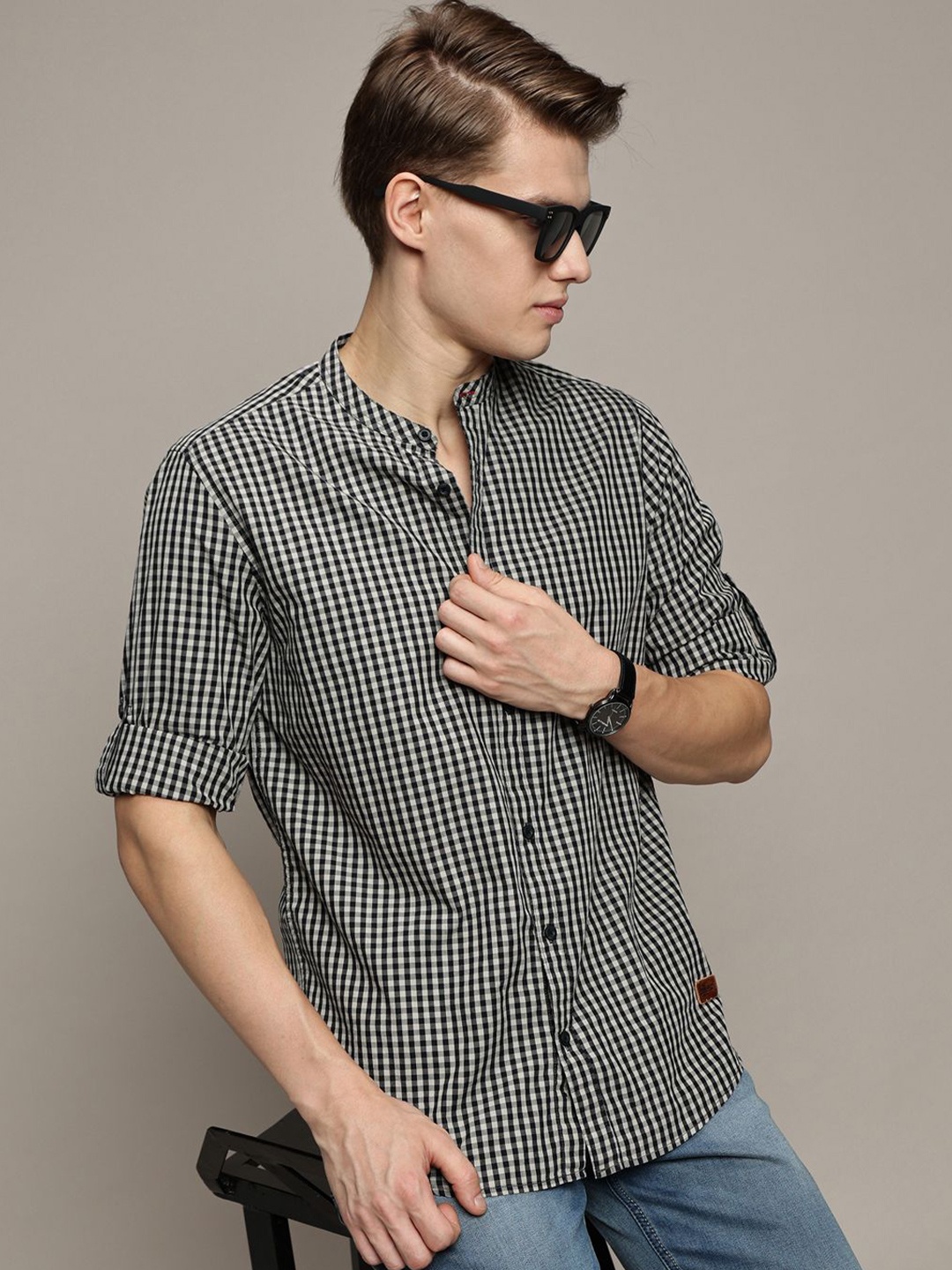 

The Roadster Lifestyle Co. Men Premium Band Collar Gingham Checked Cotton Casual Shirt, Black