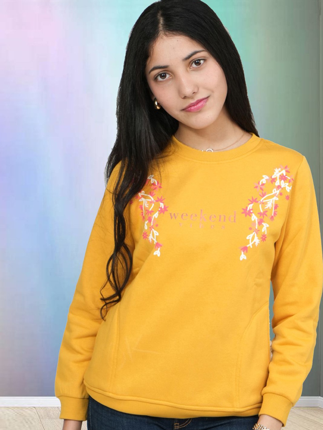 

PAMPOLINA Girls Printed Typography Round Neck Sweatshirt, Mustard