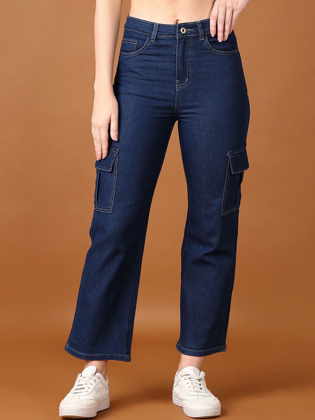 

V-Mart Women Cotton High-Rise Denim Boyfriend Fit Cargo Jeans, Blue