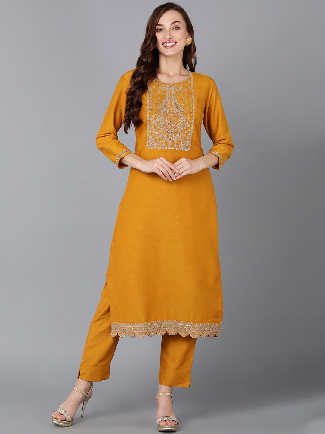 

AHIKA Floral Embroidered Straight Kurta, Mustard