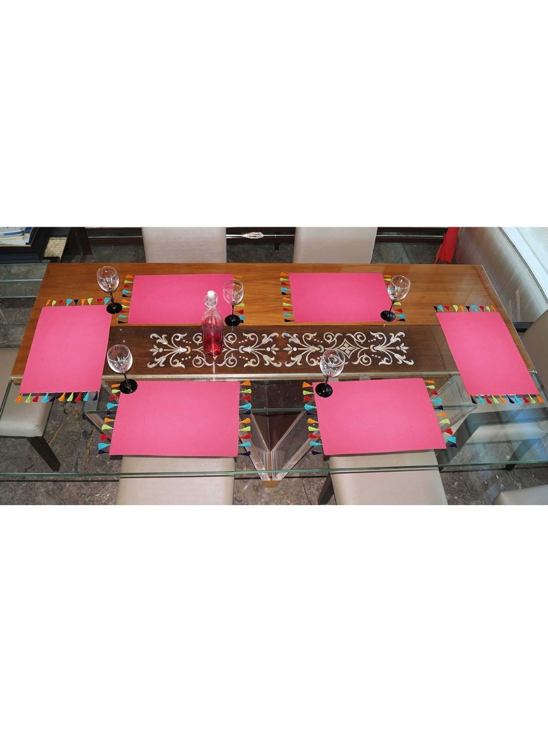 

Lushomes 6 Pieces Pink & Green Pure Cotton Table Placemats With Fringes