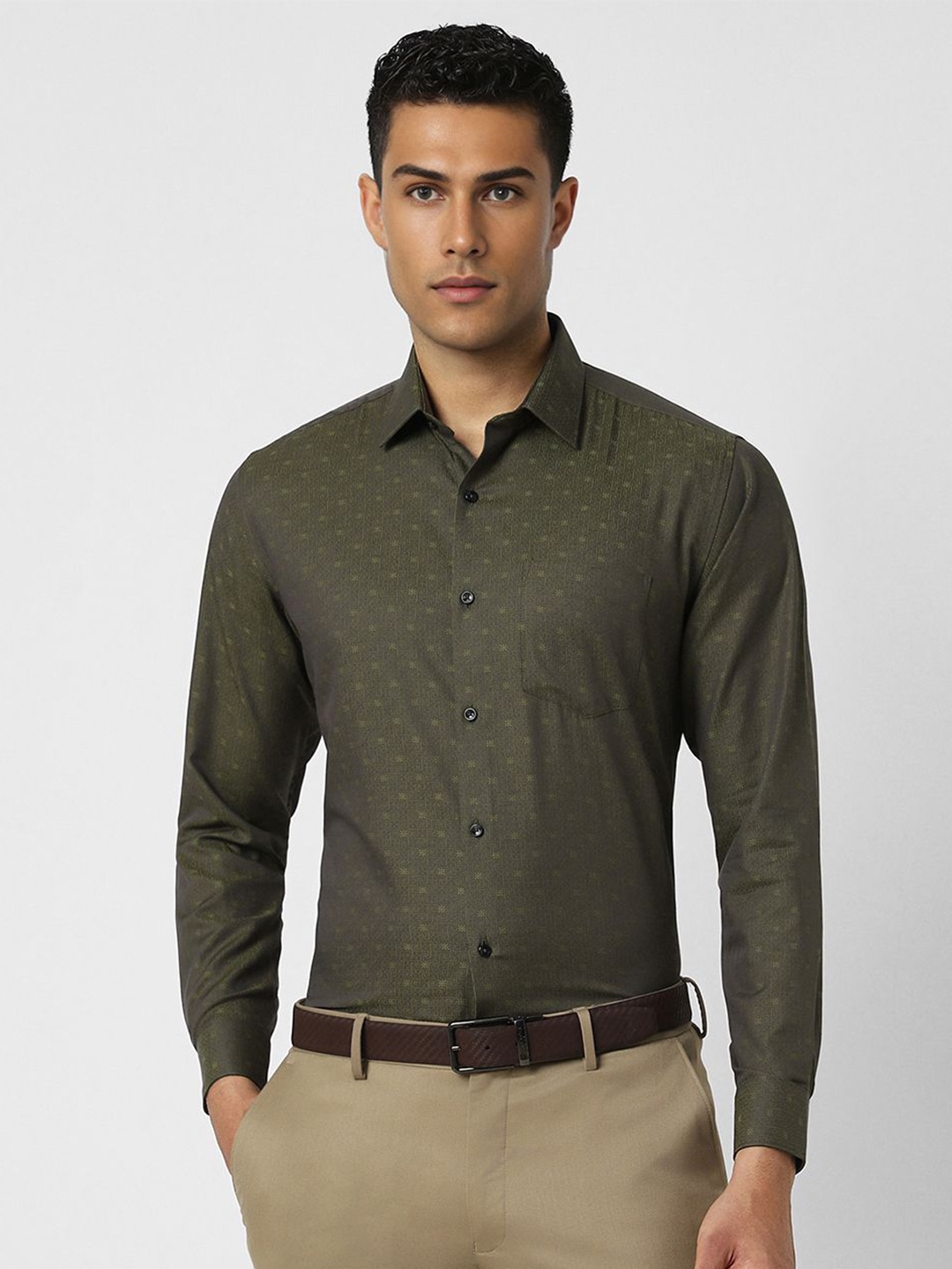 

Van Heusen Men Spread Collar Abstract Printed Cotton Formal Shirt, Olive