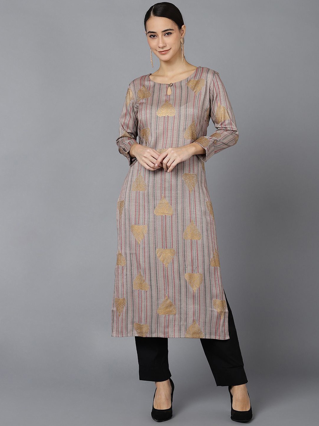 

AHIKA Ethnic Motifs Printed Keyhole Neck Cotton Straight Kurta, Grey