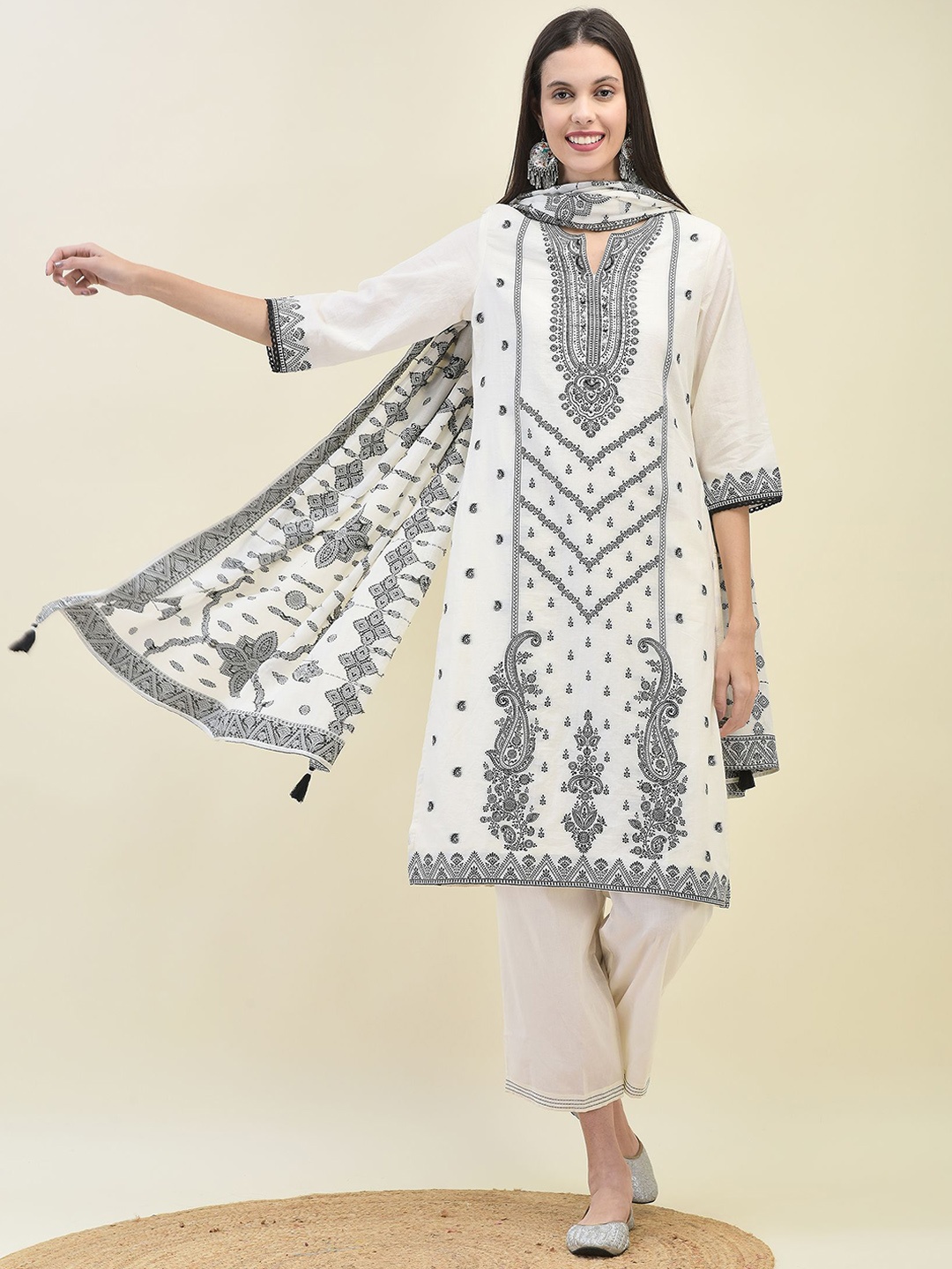 

Shree Floral Embroidered Regular Pure Cotton Kurta With Trouser With Dupatta, Off white