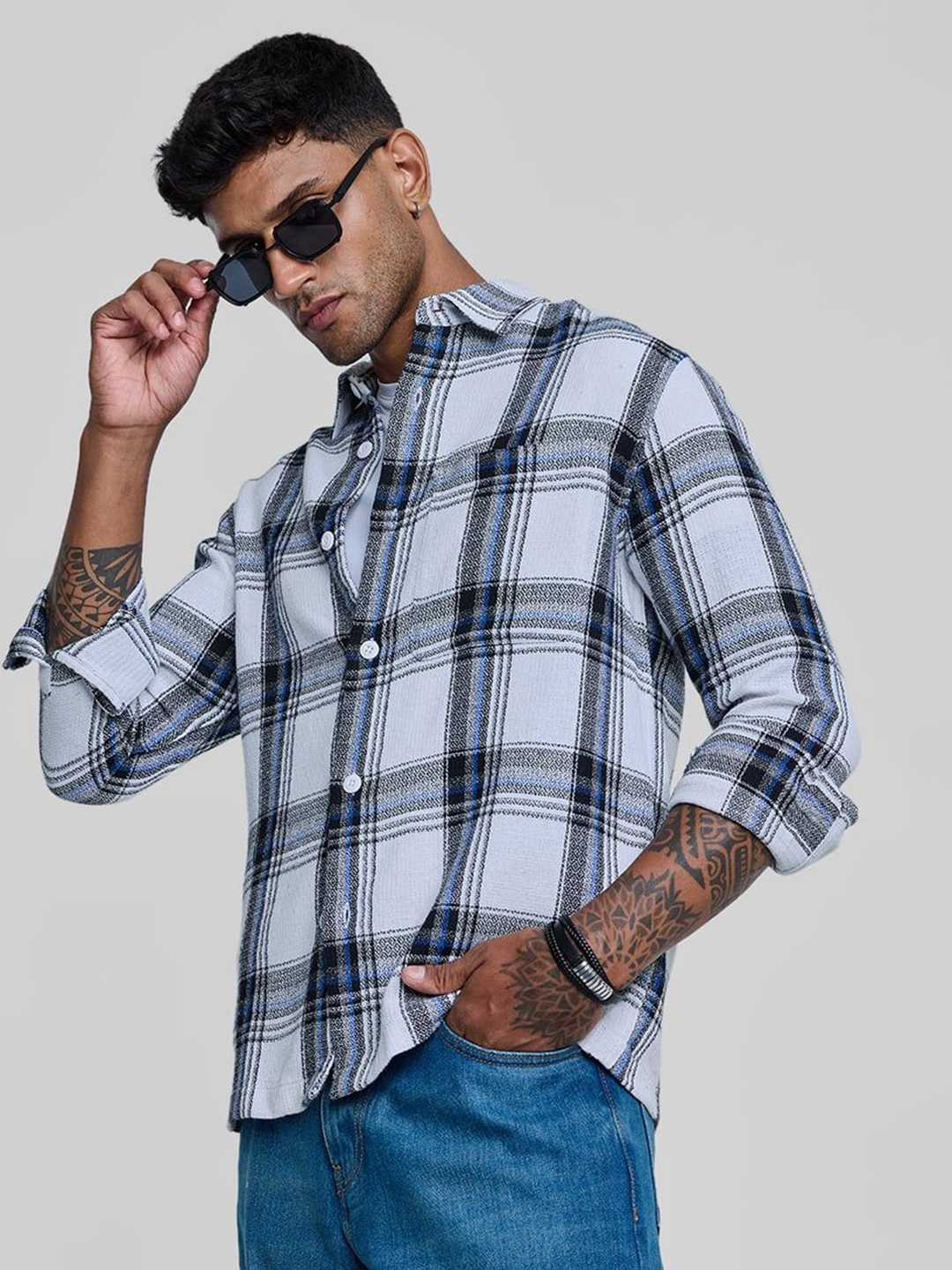 

Snitch Men Smart Spread Collar Tartan Checked Cotton Casual Shirt, Blue