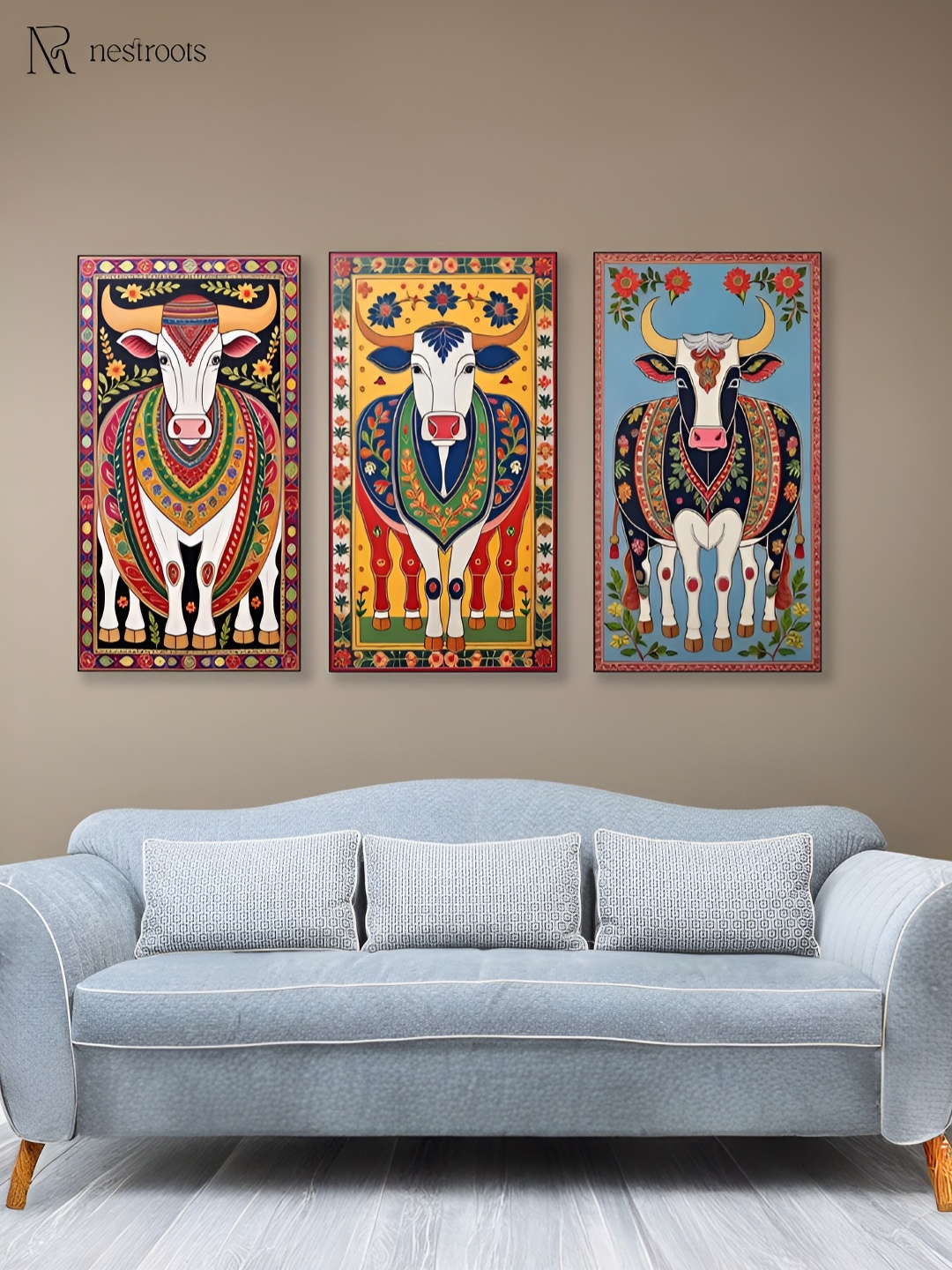 

nestroots Brown & Yellow 3 Pieces Collection of Sacred Indian Cow Canvas Wall Arts