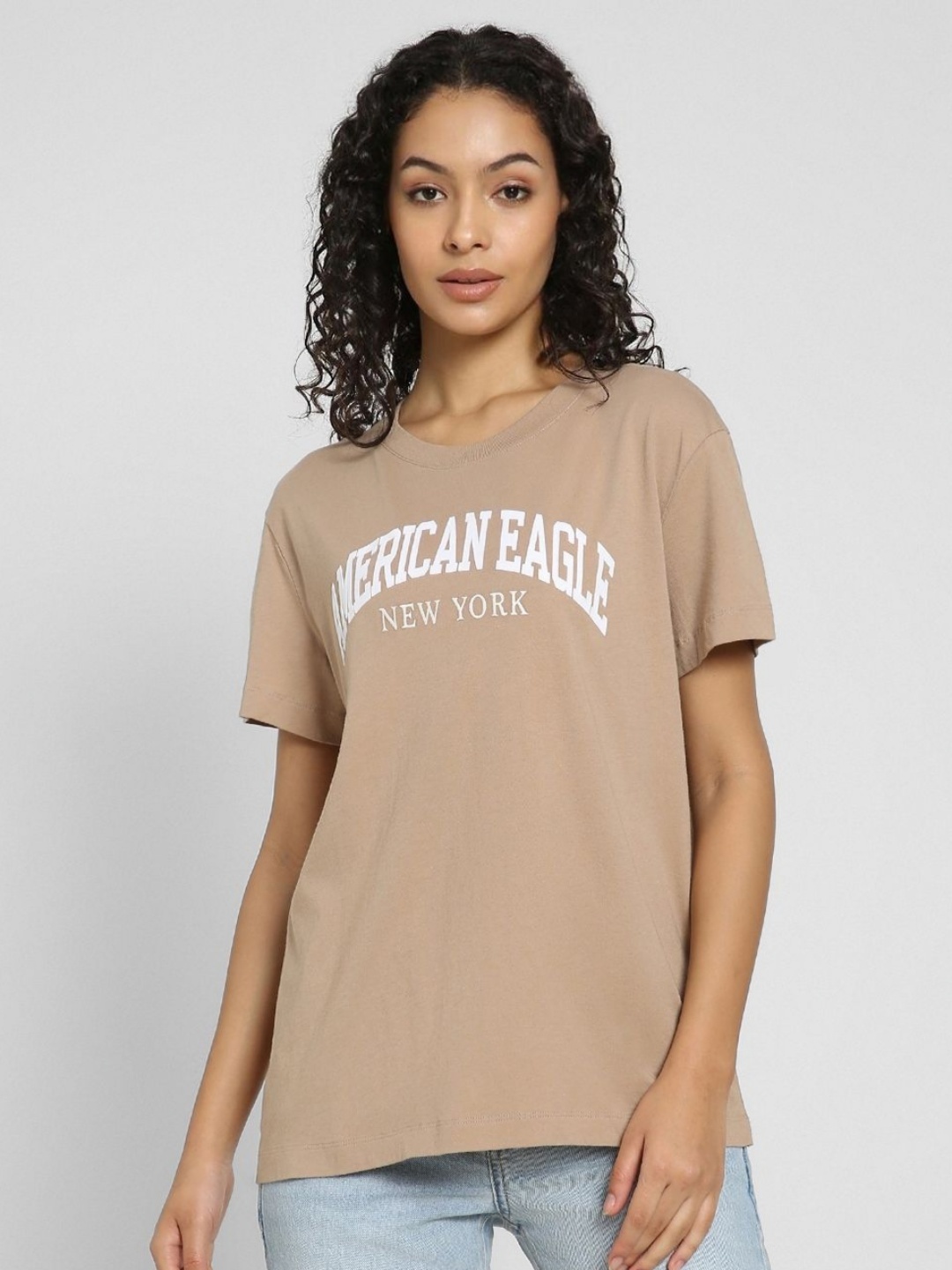 

AMERICAN EAGLE OUTFITTERS Women Typography Printed Round Neck Cotton T-shirt, Brown
