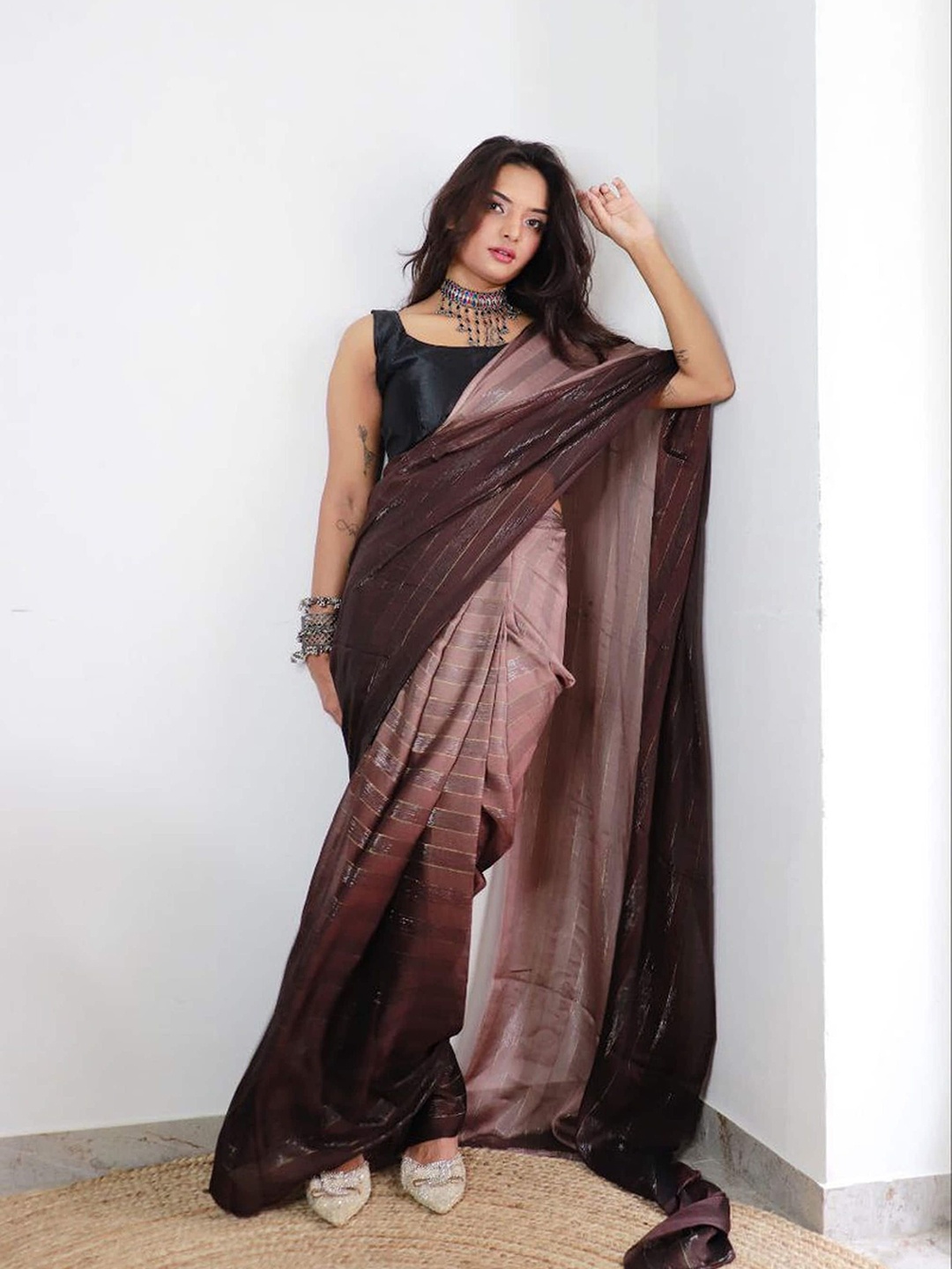 

V3 FASHION STUDIO Ombre Pure Chiffon Ready to Wear Jamdani Saree, Brown