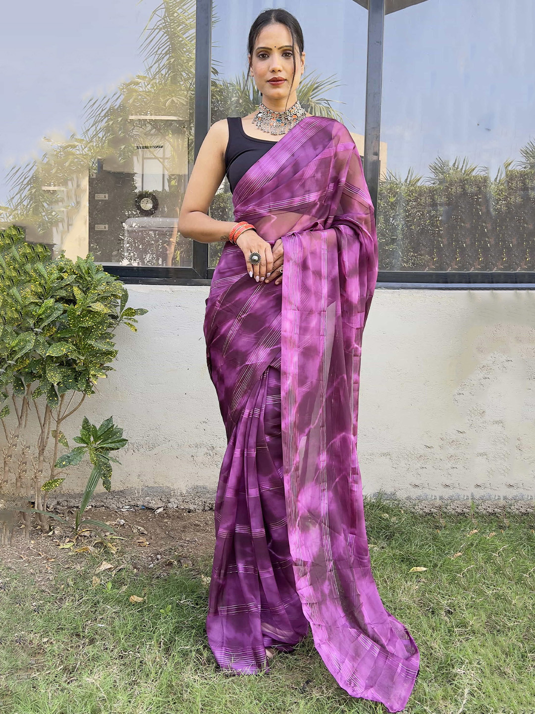 

V3 FASHION STUDIO Tie and Dye Pure Georgette Ready to Wear Saree, Purple