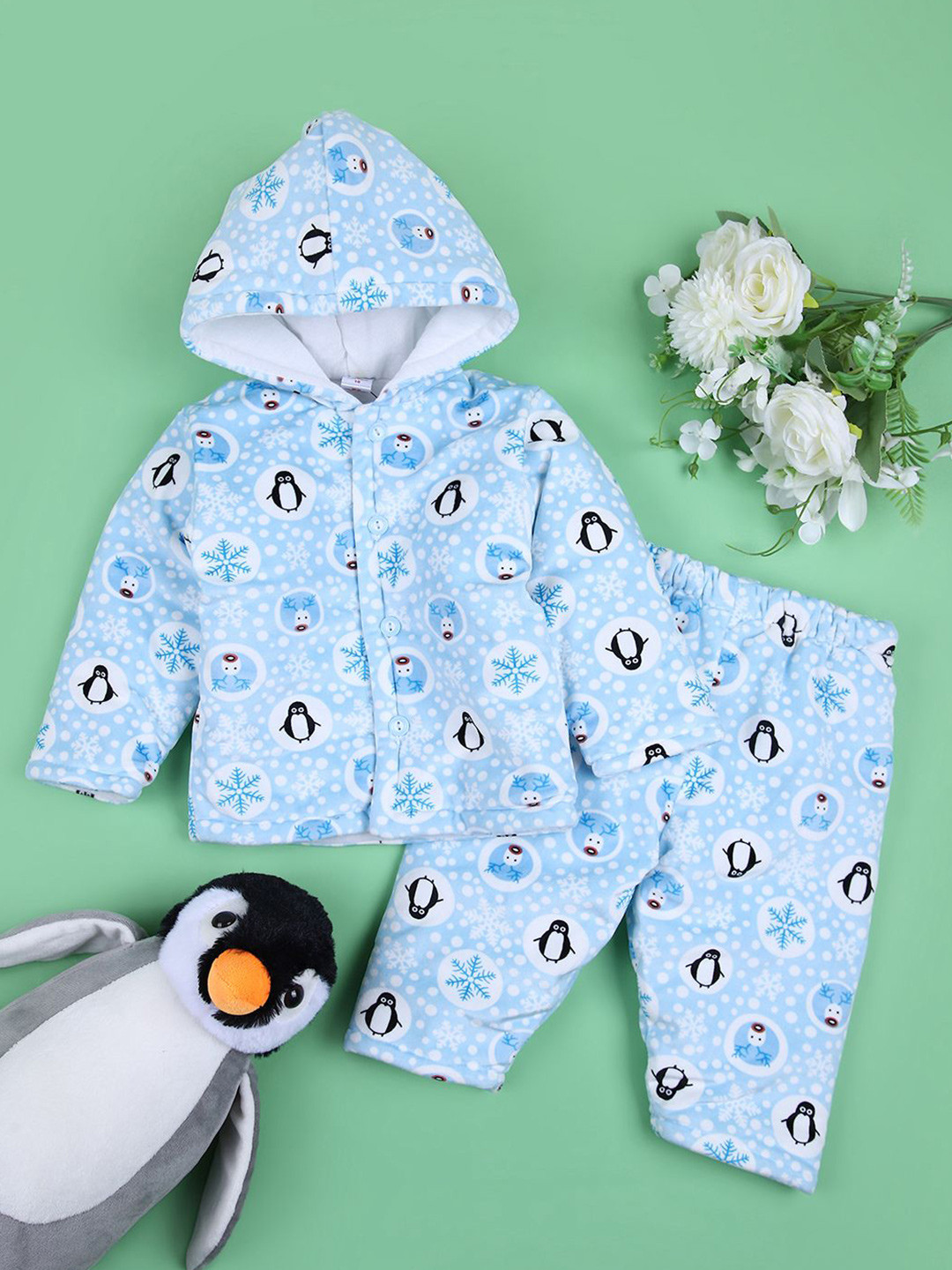 

V-Mart Unisex Kids Printed Hooded Pure Cotton Shirt with Trousers, Blue