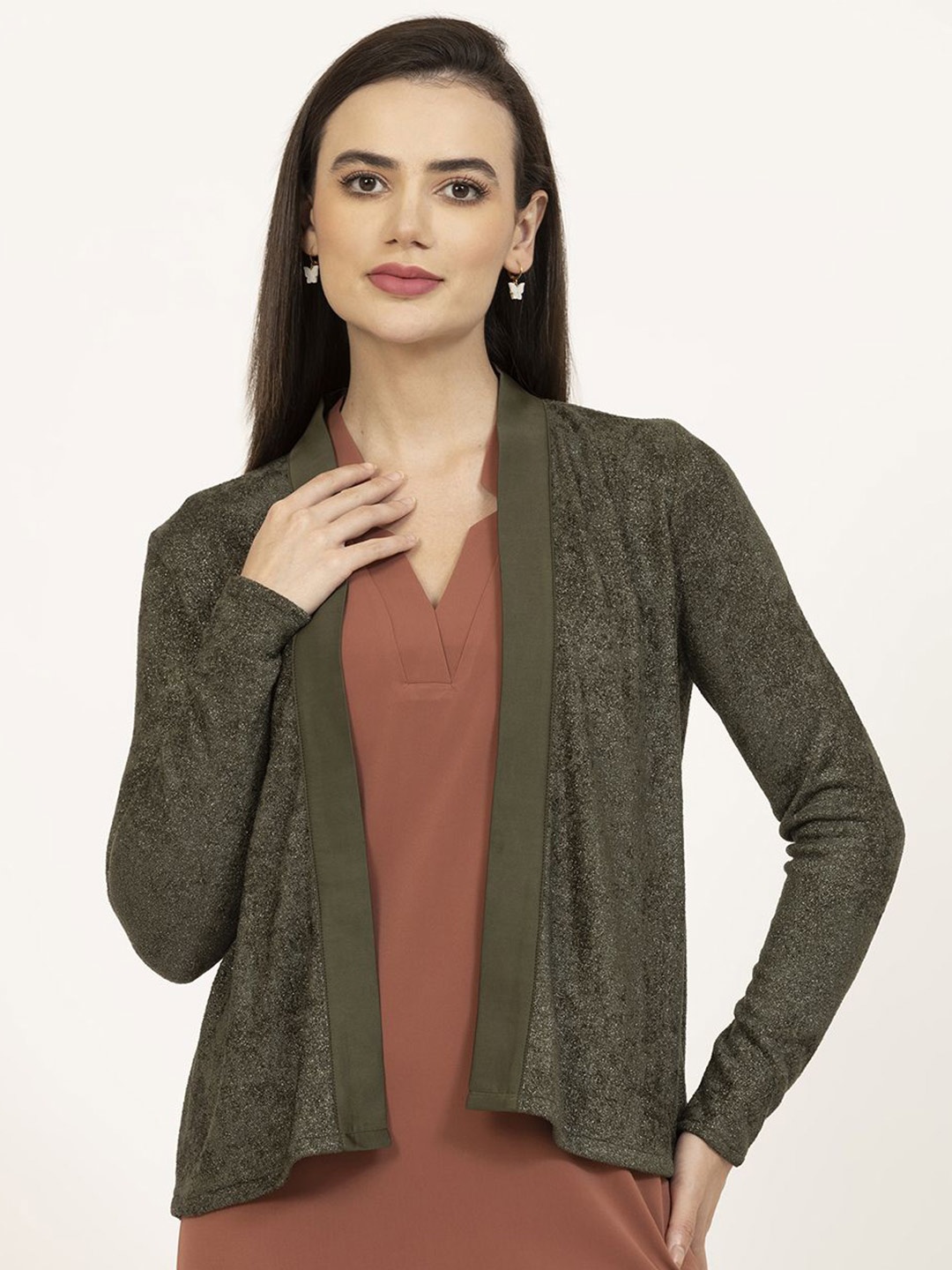 

OFFICE & YOU Self Design Open Front Shrug, Green