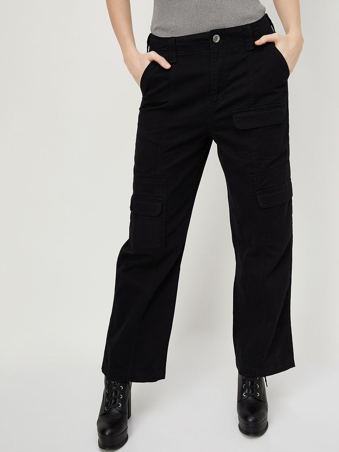 

max Women Cotton Regular Fit Mid-Rise Trousers, Black