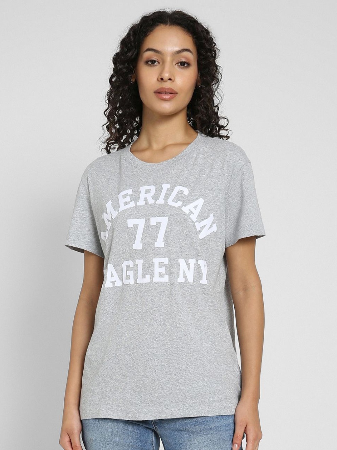 

AMERICAN EAGLE OUTFITTERS Women Typography Printed Round Neck Cotton T-shirt, Grey