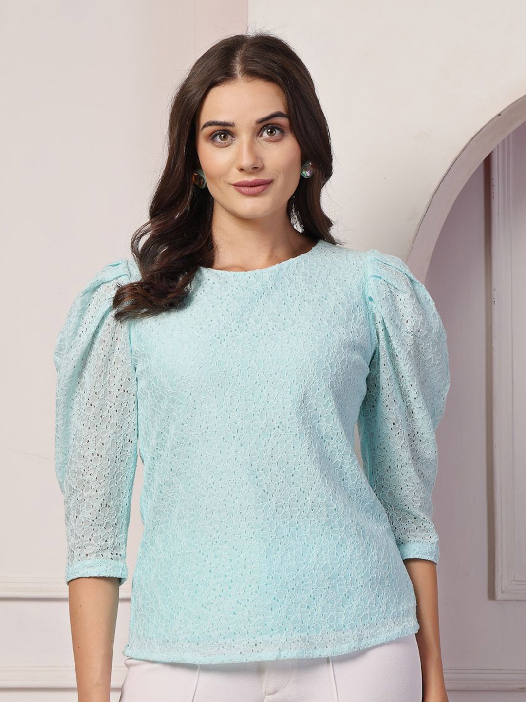 

Style Quotient Women Self Design Round Neck Puff Sleeve Cotton Lace Top, Blue