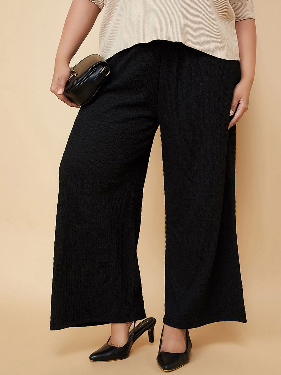 

max Women Wide Leg Flared Cotton Trouser, Black