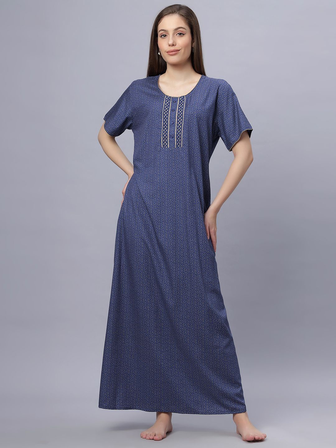 

QUIRA Women Printed Maxi Nightdress, Blue