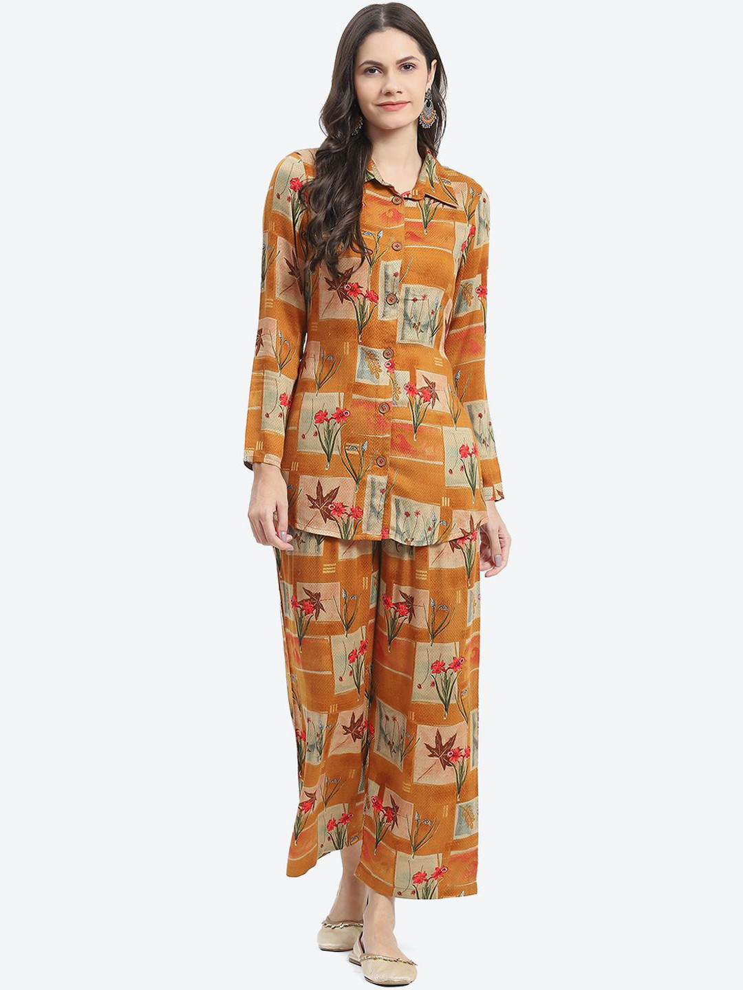 

Kurti's by Menka Floral Printed Shirt Collar Ethnic Tunic With Trousers, Mustard