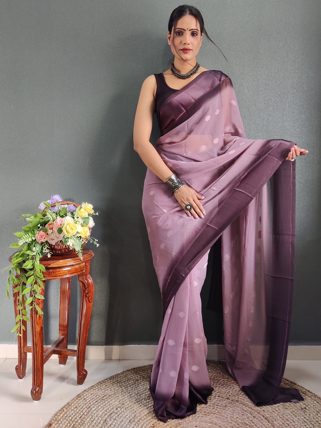 

V3 FASHION STUDIO Satin Ready to Wear Zari Saree, Purple