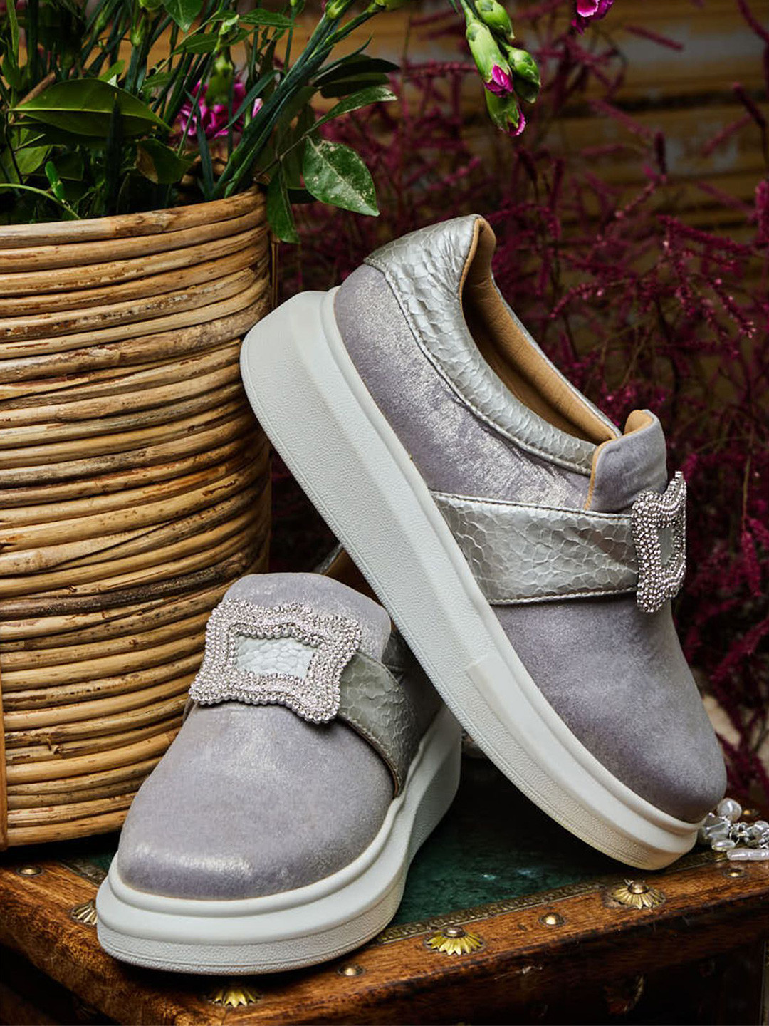 

Anaar Women Textile Woven Design Embellished Sneakers, Silver