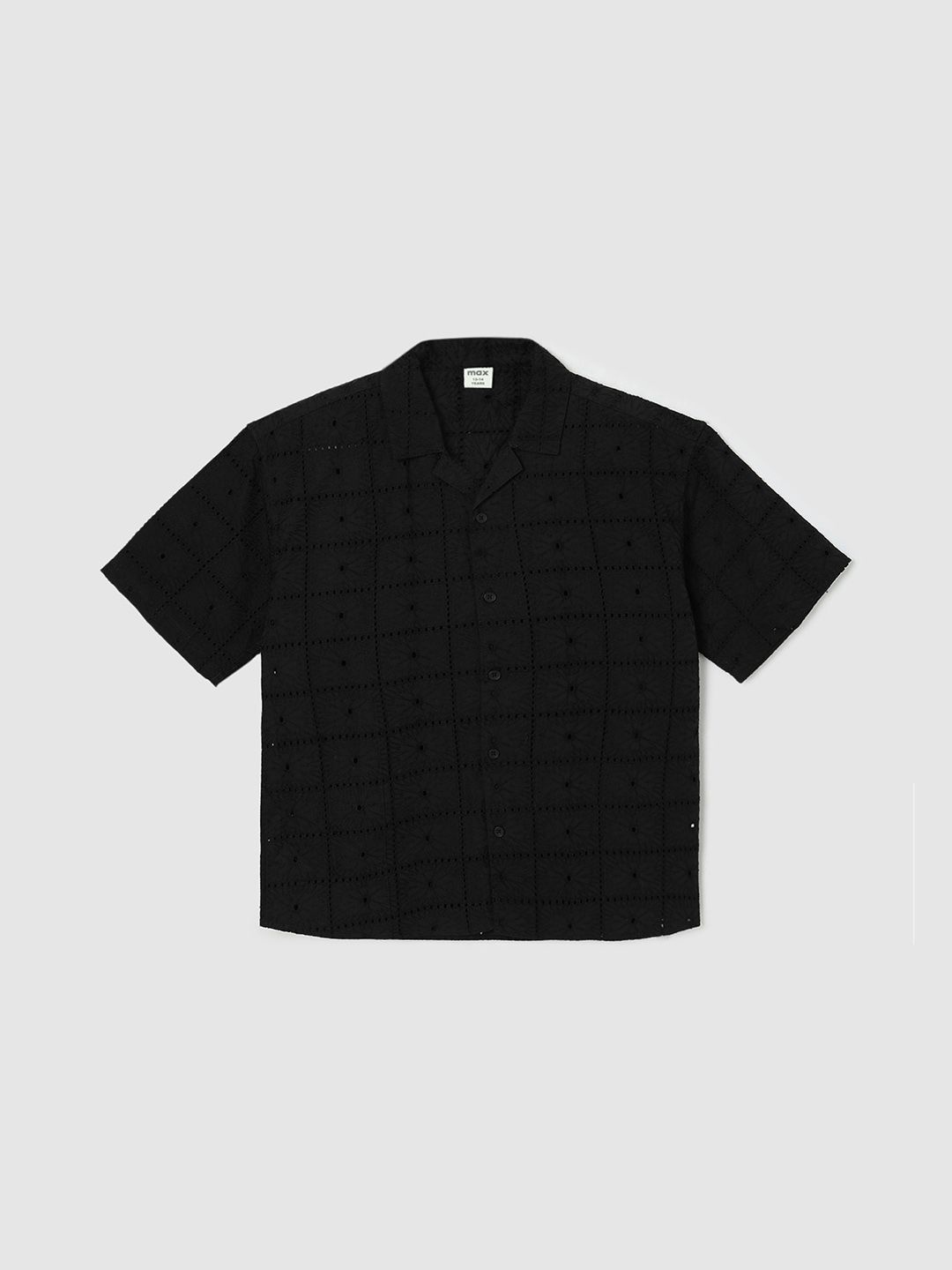 

max Boys Cuban Collar Windowpane Checked Cotton Casual Shirt, Black