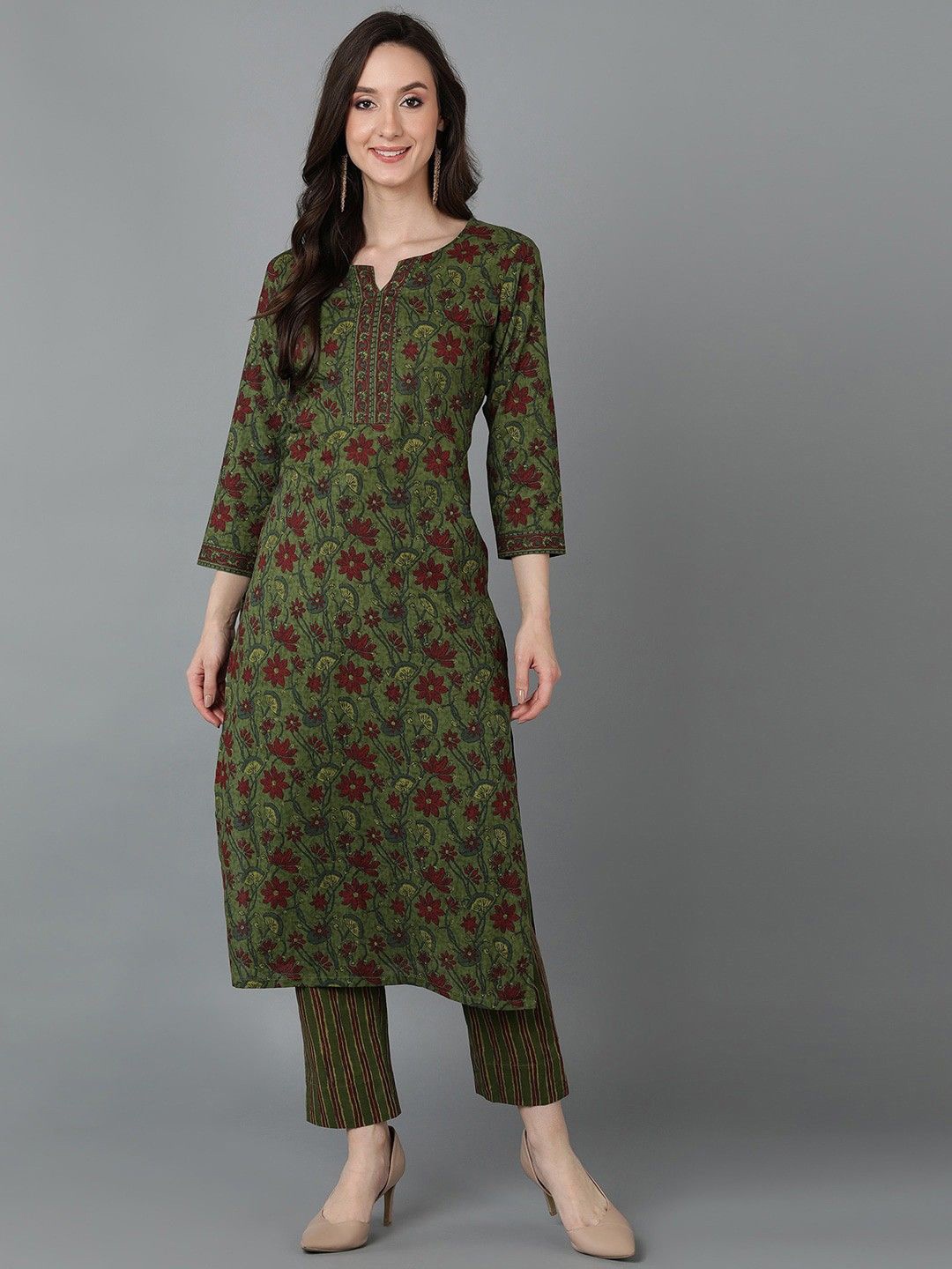 

KALINI Floral Printed Cotton Straight Kurta, Green