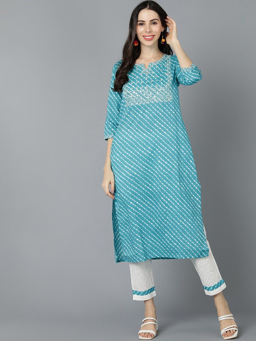 

KALINI Leheriya Printed Thread Work Notch Neck Cotton Straight Kurta, Blue