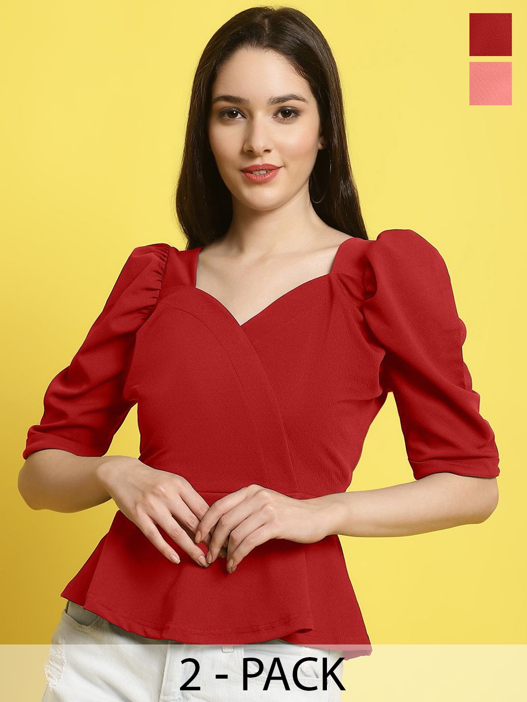 

Metronaut Women Pack Of 2 Solid Round Neck Puff Sleeves Peplum Tops, Red