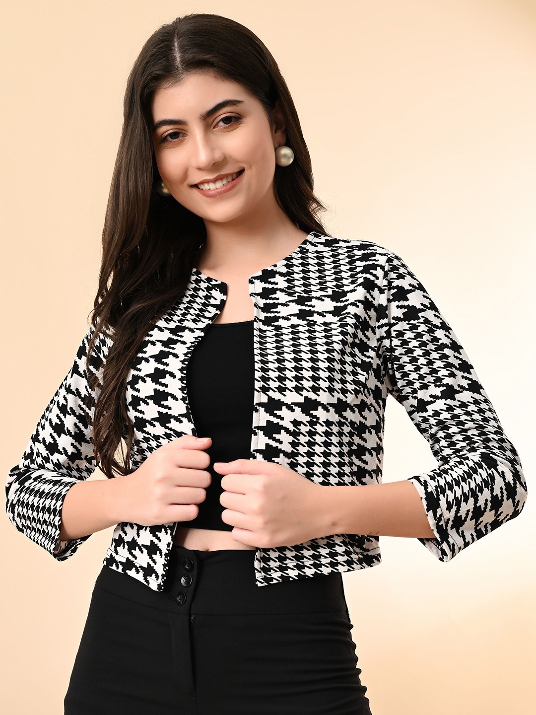 

IUGA Geometric Printed Long Sleeves Open Front Shrug, Black