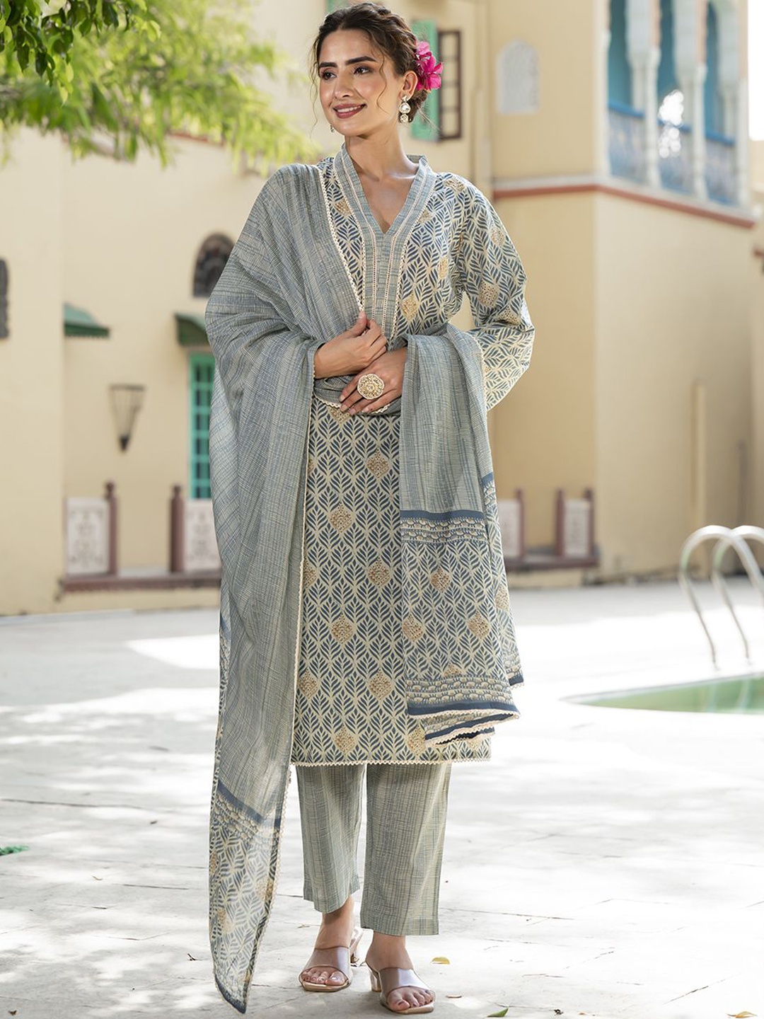 

Divena V-Neck Floral Printed Pure Cotton Straight Kurta with Trouser & Dupatta, Grey
