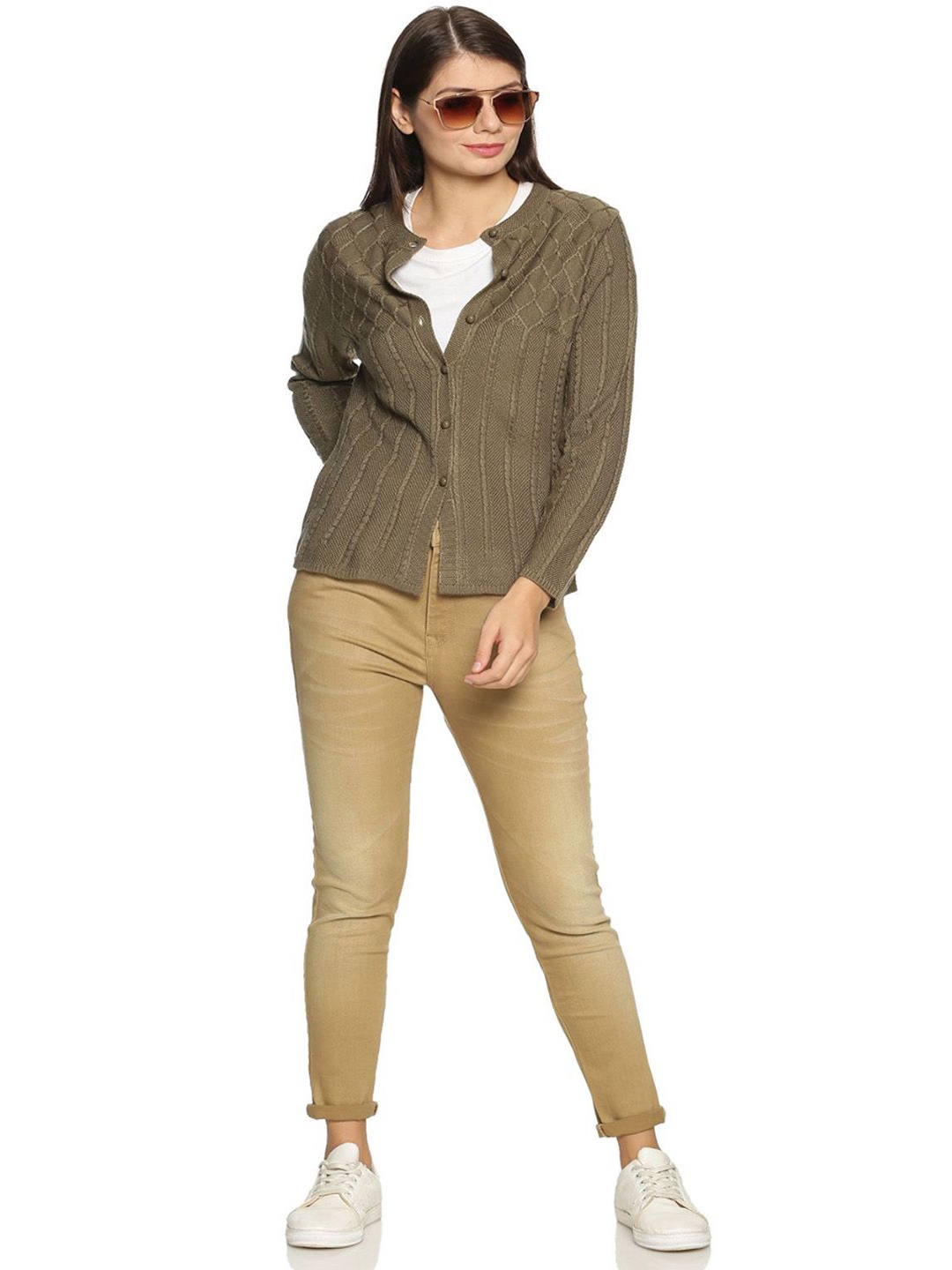 

CLAPTON Women Cable Knit Woollen Cardigan, Brown