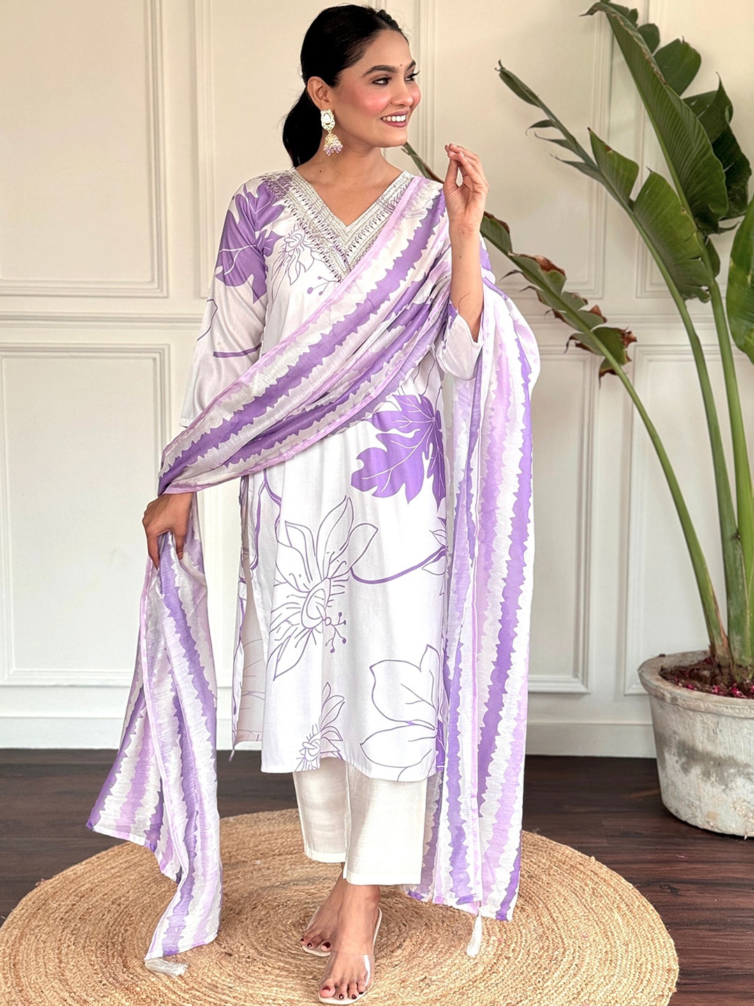 

KALINI Floral Printed Kurta With Trousers & Dupatta, White