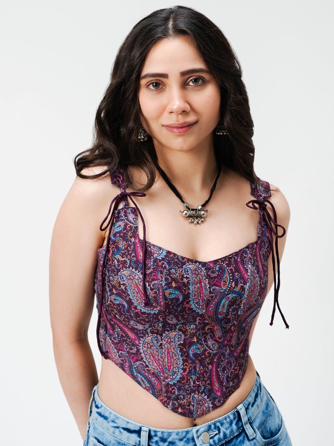 

FREAKINS Printed Corset Top Crop Top, Purple