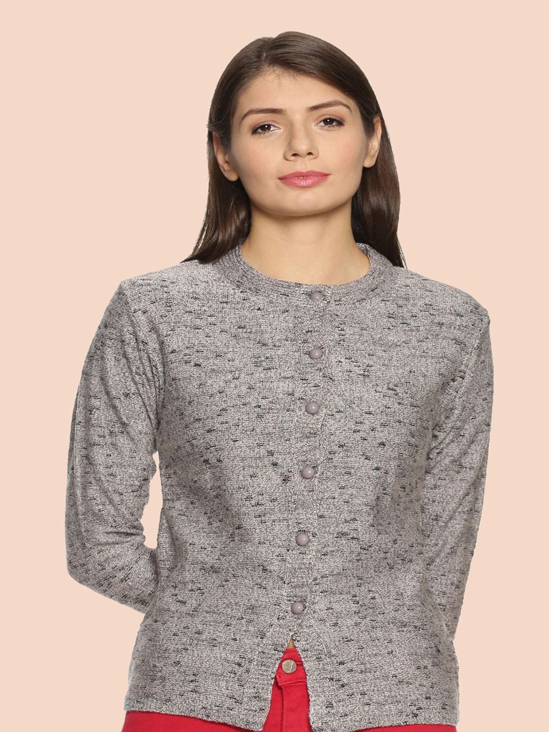 

CLAPTON Women Printed Round Neck Woollen Cardigan, Grey