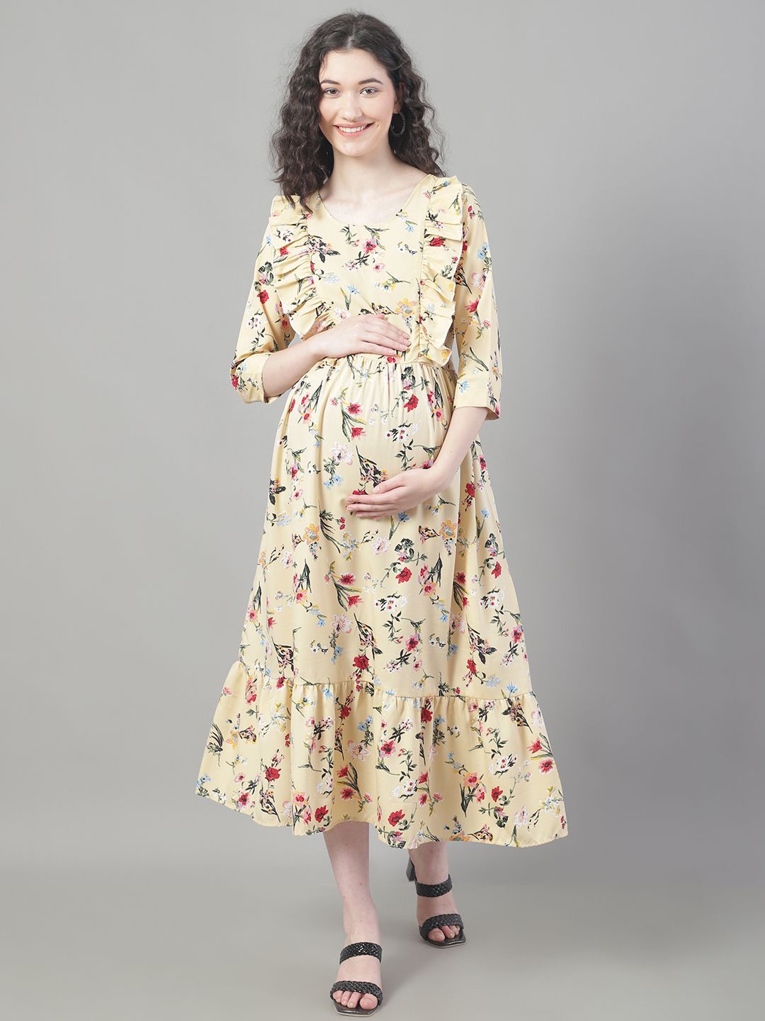 

Frempy Women Floral Print Maternity Fit & Flare Midi Dress, Cream