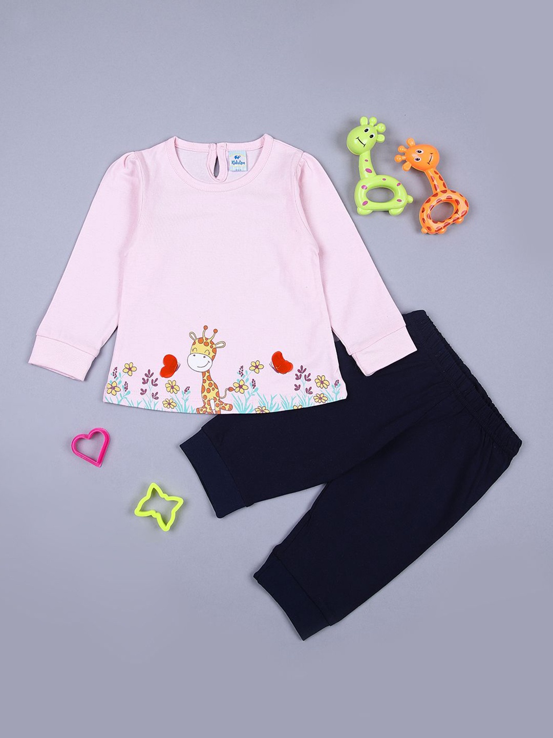 

V-Mart Kids Printed Round Neck Long Sleeves Pure Cotton Top With Trouser, Peach