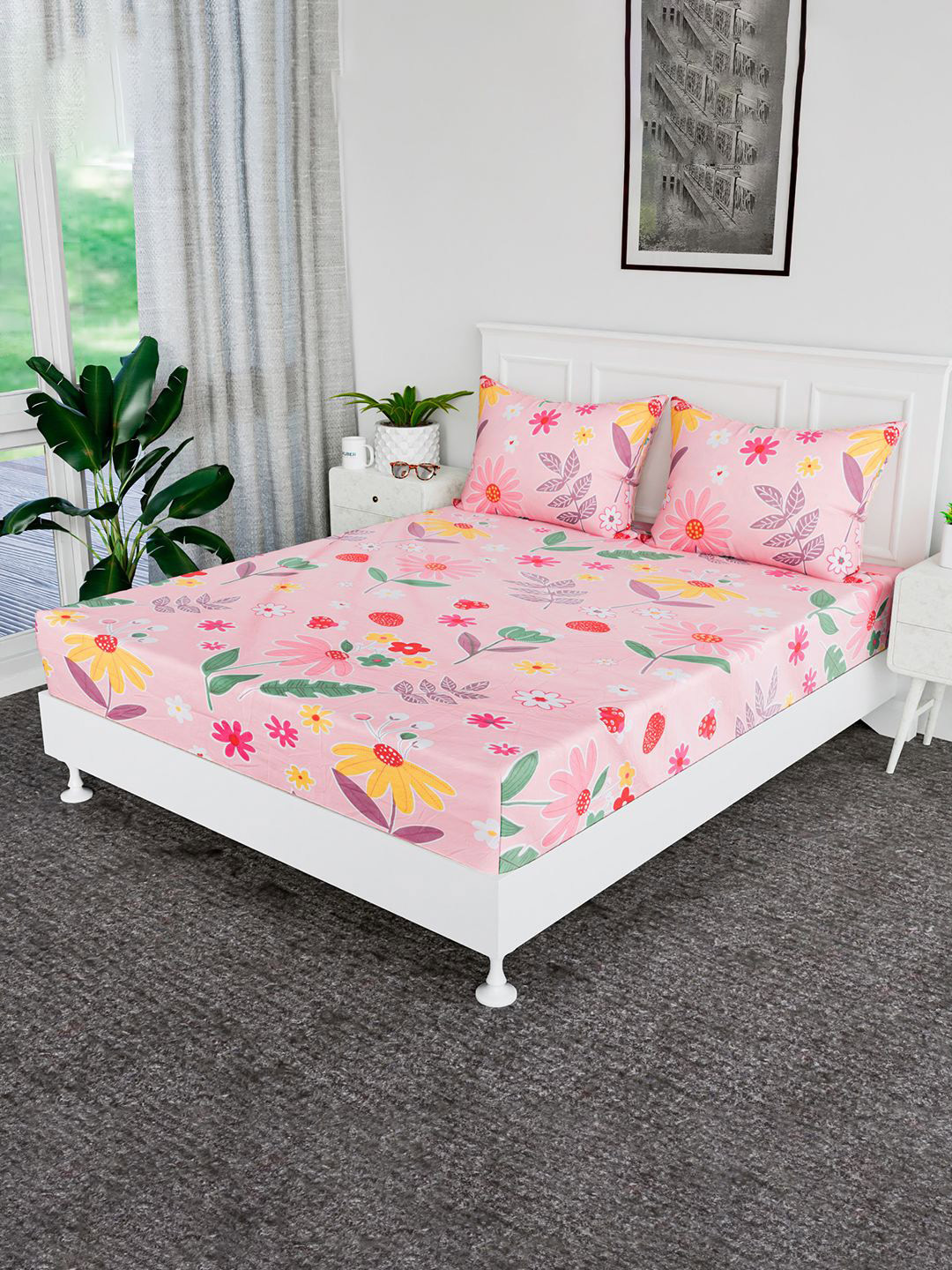 

Kuber Industries Pink 144 TC Cotton King Bedsheet with 2 Pillow Covers 1 x 1mt