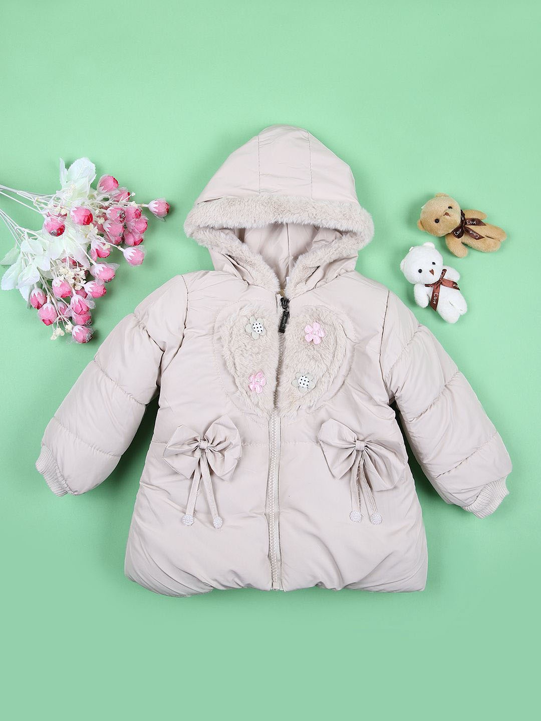 

V-Mart Girls Hooded Floral Self Design Cotton Casual Parka Jacket, Beige