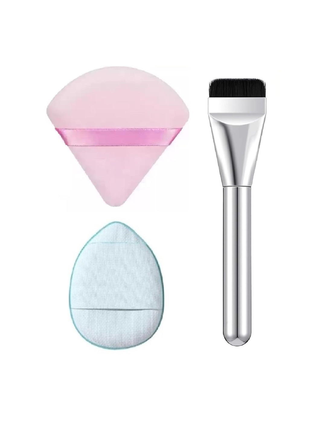

Facejewel Set Of 3 Professional Silvery Makeup Brush With Triangle Puff & Finger Puff, Pink