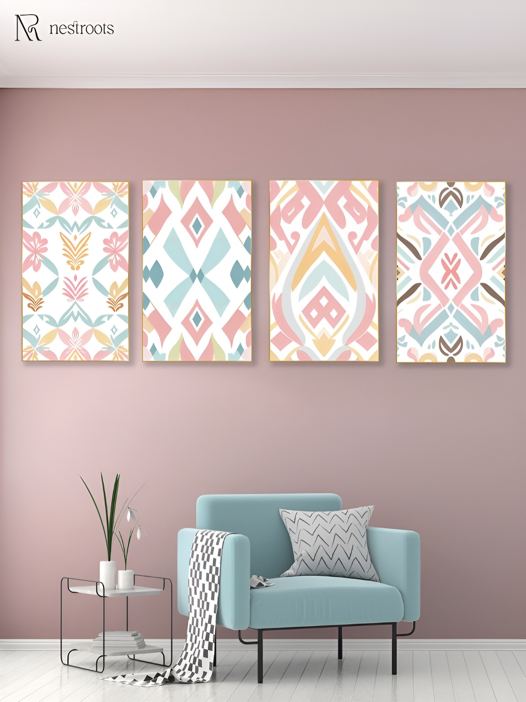 

nestroots Peach-Coloured & Sea Green 4 Pieces Canvas Paintings Wall Arts
