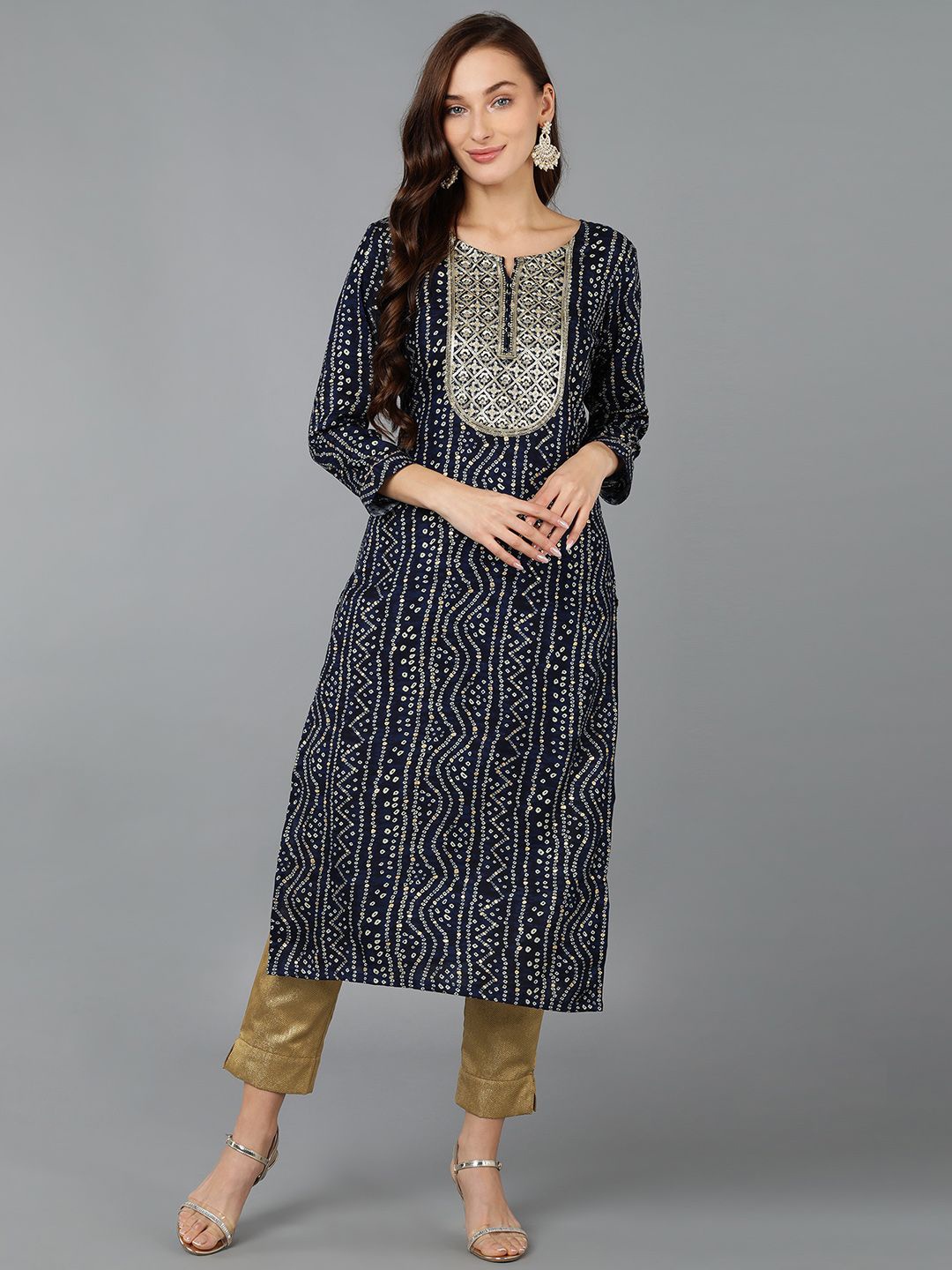 

KALINI Bandhani Printed Sequinned Notch Neck Kurta, Navy blue
